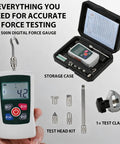 Pro Grade All In One 500N Digital Force Gauge And Manual Test Stand Kit With Push Pull Load Gauge Four Unit Readouts N Lb Kg Oz 250mm Stroke Test Clamp For Tension Tests In Lab School Industry, with storage case