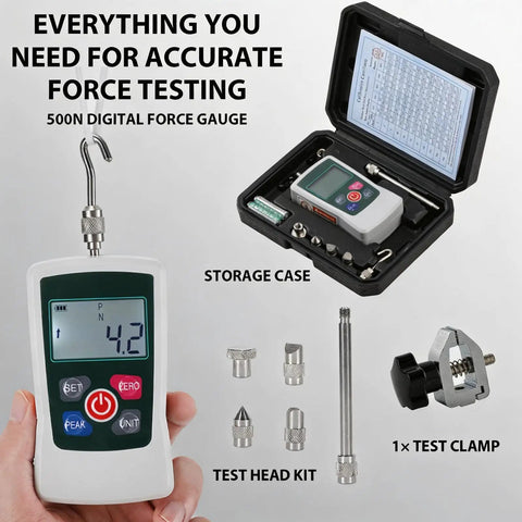 Pro Grade All In One 500N Digital Force Gauge And Manual Test Stand Kit With Push Pull Load Gauge Four Unit Readouts N Lb Kg Oz 250mm Stroke Test Clamp For Tension Tests In Lab School Industry, with storage case