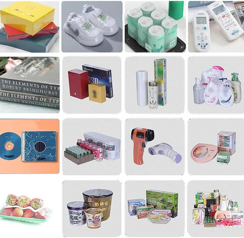 Various packed items including shoes, containers, and a heat gun showcasing the versatility of the 24 Inch Shrink Wrap Machine.