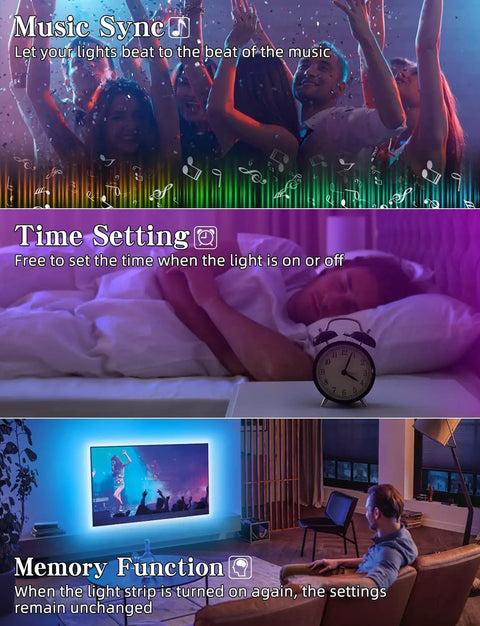 9.8 Ft USB Powered RGB LED TV Backlight Strip For 32 To 60 Inch Televisions With Remote Bluetooth App Control And Music Sync in three uses: party, sleeping, and home theater setup.