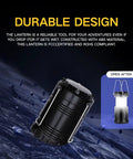 Camping Lantern 4 Pack Battery Powered Flashlight shown on wet surface, black collapsible design, and waterproof with LED light.