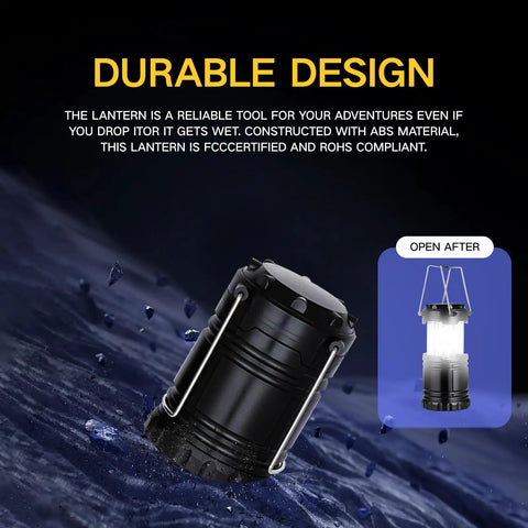 Camping Lantern 4 Pack Battery Powered Flashlight shown on wet surface, black collapsible design, and waterproof with LED light.