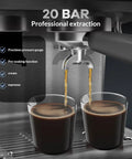 Semi Automatic Espresso Machine With Built In Grinder And Fast Milk Frother For Authentic Cappuccino Latte Coffee No Fuss Daily Grind Smooth Sipping Morning Setup Game Changer brewing two espresso shots with a precision pressure gauge.