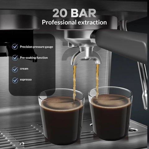Semi Automatic Espresso Machine With Built In Grinder And Quick Milk Frother 20 Bar Pressure brewing two espresso shots.