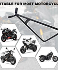 Beefy Heavy Duty Solid Steel Motorcycle Triangle Stand For Dirt Bikes 80-500cc, shown with various compatible motorcycle models.