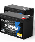 Two Pack 12V 10Ah LiFePO4 Battery With Built-In BMS, 5000 Plus Cycles, Lightweight, shown from a front angle