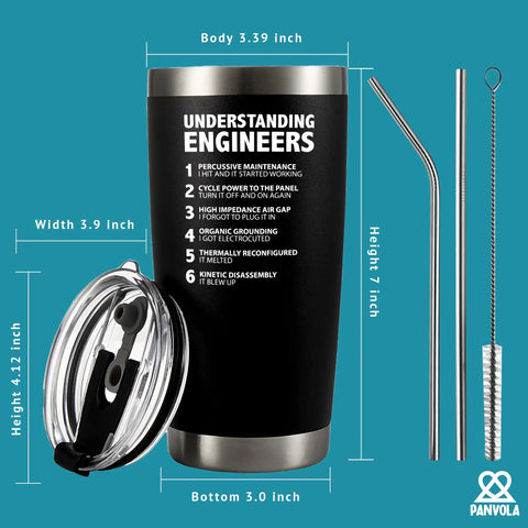 Understanding Engineers Funny Engineer Gifts 20 Oz Vacuum Insulated Tumbler Black, straw, and lid with measurements