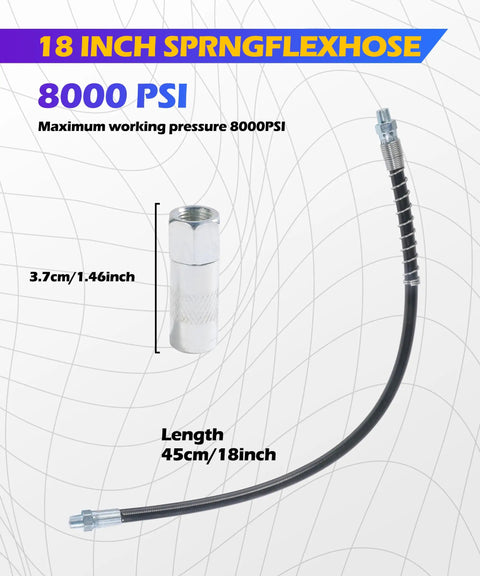 18 Inch Flexible Grease Gun Hose Kit With Coupler Heavy Duty Black Resin Steel Build Compatible With One Eighth Inch NPT
