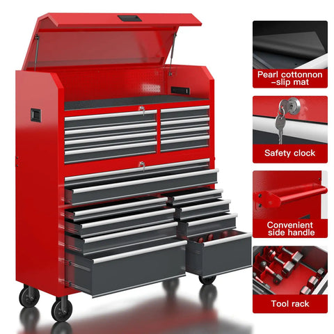 Ultimate 56 Inch Rolling Tool Chest Combo With 18 Drawers, Heavy Duty Steel Cabinet, Built-In Power Outlet, Locking System, And Mobile Wheels