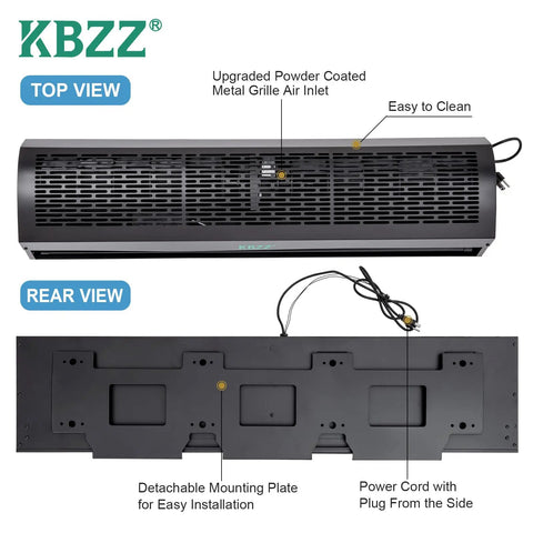 Heavy Duty 36 Inch Wall Mount Black Air Curtain Fan With Magnetic Switch And Three Speed Settings For Commercial Spaces top and rear view, showcasing installation features and design.