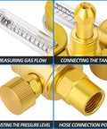 Gold argon regulator flowmeter with 6.5ft hose and CGA580 inlet for TIG/MIG welding, 5/8in x 18RH outlet.