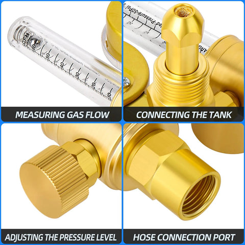 Gold argon regulator flowmeter with 6.5ft hose and CGA580 inlet for TIG/MIG welding, 5/8in x 18RH outlet.