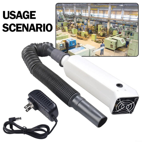 Badass Soldering Fume Extractor With Adjustable Telescopic Hose For Crisp Air Purification and Easy Workbench Flow On Precision Electronics Repair Tasks With Absolute No Sweat Performance, showcasing white extractor unit and flexible hose.