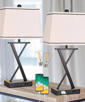 Set Of 2 Modern Table Lamps With USB Ports And AC Outlet, 3 Way Dimmable Touch Control Bedside Lamps With Fabric Shades on table