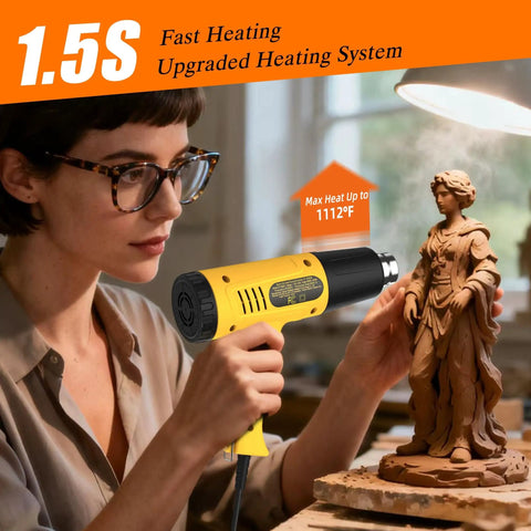 Person using 1300W Heat Gun With Adjustable Temperature And Overload Protection, Dual Gear Button Control, Yellow Nozzles on sculpture