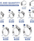 Image showing various sizes of Qibaok 120 Piece Stainless Steel Hose Clamps Assortment Kit With One Quarter Inch To One And One Half Inch Worm Gear Clamps For Fuel Line Plumbing.