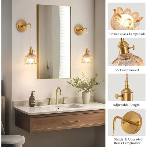 GZZBMY Indoor RGB Wall Light with Remote Control Dimmable Wall Lamp USB Rechargeable Creative Glass Lampshade Wall Sconce Creative Flowers Design for Bedroom Living Room (Amber,2 Packs) in a stylish bathroom setting.