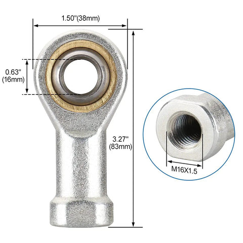 Rugged M16 Rod End Bearing With M16x1.5 Female Thread And 16mm Ball Bore For Quick No Fuss Install In Linkage Systems Built From Zinc Plated Carbon Steel With Copper Washer For Long Lasting Durability dimensions shown