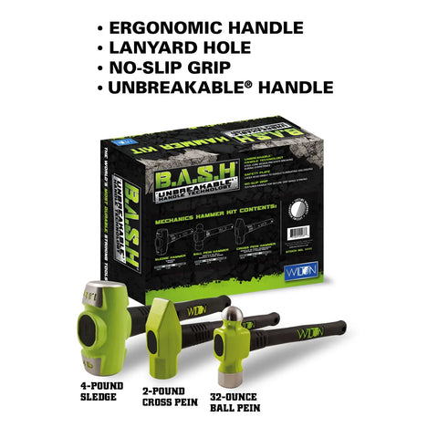 Heavy Duty Mechanics Hammer Kit With 4 Lb Sledge, 32 Oz Ball Pein, 2 Lb Cross Pein, packaging and hammers displayed