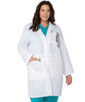 Relaxed Fit Five Pocket Three Button Full Length White Medical Lab Coat For Women, shown on a model, durable material, ideal for healthcare.