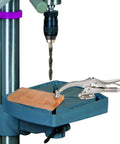 Two Pack 9 Inch Drill Press Clamps With Locking Mechanism holding wood on drill press slot