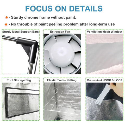 All-In-One 4x2 Ft Grow Tent System With High Reflective Mylar Interior Full Spectrum LED Grow Light Carbon Filter Vent Fan Ducting Timer And Essential Accessories For Indoor Hydroponic Plant Growth focus on details like sturdy frame, extraction fan, and ventilation mesh window.