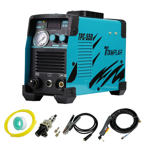 55 Amp Plasma Cutter With Touch Pilot Arc Inverter Dual Voltage 110V 220V High Frequency IGBT Clean Cuts Through Painted Rusted Surfaces On Mild Steel Aluminum Stainless Steel, shown with accessories.