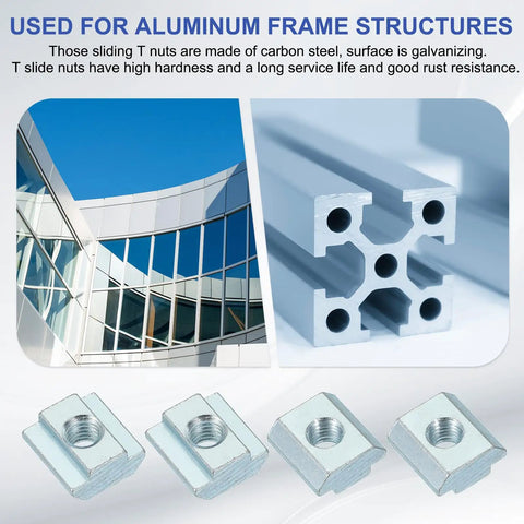 Hardcore M10 Sliding T Nuts With A Rock Solid Hammer Head For Hassle Free Drop In Mounting On European 4545 Series 10 mm T Slot Aluminum Profiles Galvanized Steel construction shown with aluminum frame and T profiles.