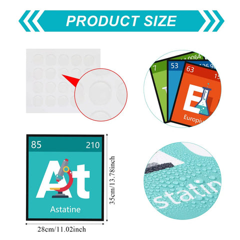 Colorful Science Bulletin Board Set With Scientist Posters And Classroom Banner For Teachers, product size details showing adhesive dots, element cards, and close-up texture.