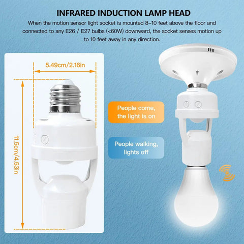 Two Pack Motion Activated Light Socket Adapters For E26 E27 Screw In Lamps, Easy Add On Auto On Off Sensor Lighting, Dusk To Dawn Indoor Lights For Porch Garage Basement. White motion sensor socket adapter with E26/E27 bulb, 11.5cm x 5.49cm