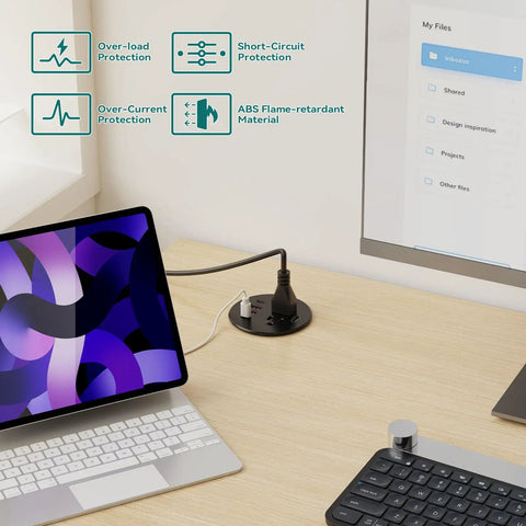 Flush Mount Desk Power Grommet With Two Outlet Jacks And Four USB Ports Including Dual PD Fast Chargers Plus HDMI Connectivity and a Low Profile Plug For Office Desks And Cabinets A Straight Up Game Changer For Slick Workspace Organization, showing connections and protection features.