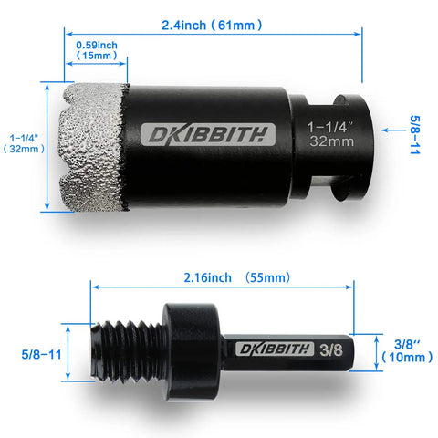 Heavy Duty Pro Grade 1-1/4 Inch Diamond Core Drill Bit For Dry Or Wet Tile Cutting with dimensions and adapter details displayed