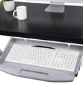 Heavy Duty Steel Under Desk Keyboard Tray Featuring Slick Ball Bearing Glides For Silky Smooth Extension And Rock Solid Ergonomic Workstation Support Up To Sixty Six Pounds With Zero Wobble Or Jamming Vibes, mounted below black desk with keyboard.