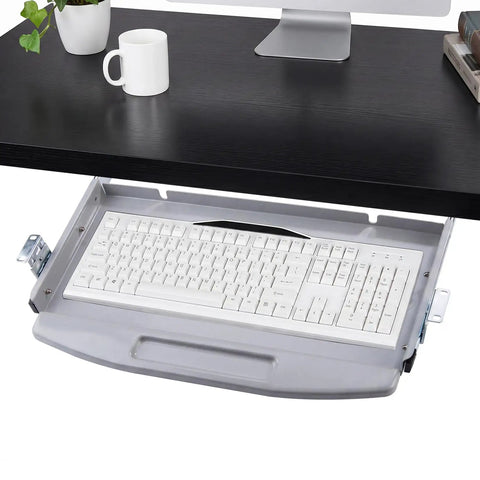 Heavy Duty Steel Under Desk Keyboard Tray Featuring Slick Ball Bearing Glides For Silky Smooth Extension And Rock Solid Ergonomic Workstation Support Up To Sixty Six Pounds With Zero Wobble Or Jamming Vibes, mounted below black desk with keyboard.