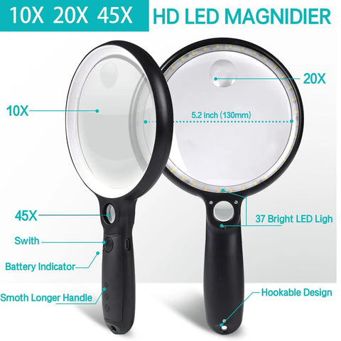 Ultra Bright Handheld Magnifier With 37 LED Lights, 10X 20X 45X Zoom, Rechargeable 5.2 Inch Optical Lens for reading and hobbies.