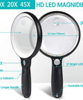 Rechargeable Handheld LED Magnifier With 37 Ultra Bright LEDs, 10X 20X 45X Magnification, 3 Light Modes, Case Included