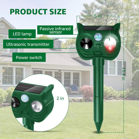 Solar Powered Ultrasonic Animal Repellent With Outdoor Motion Sensor For Squirrels And Deer Yard Guard PIR Detection Up To 30 Feet 120 Degree Coverage Inaudible To Humans With LED Strobe, 5 in