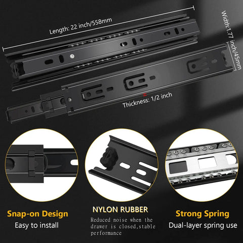 22 Inch Ball Bearing Drawer Slides Set 6 Pairs 12 Pieces With Screws 100 Lb Capacity Full Extension Beefy Side Mount