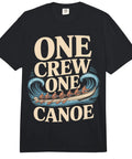 One Crew One Canoe Rowing Team Tee with graphic of rowers in canoe, black heavyweight T-shirt for race day and early morning practice.