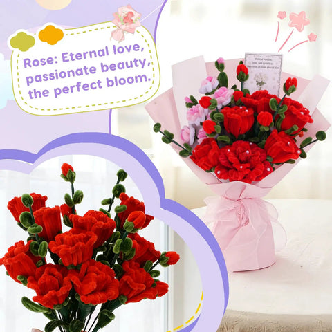 900 Piece Pipe Cleaners Craft Kit With 14 Colors showcasing a bouquet of red and pink pipe cleaner roses wrapped in pink floral paper.