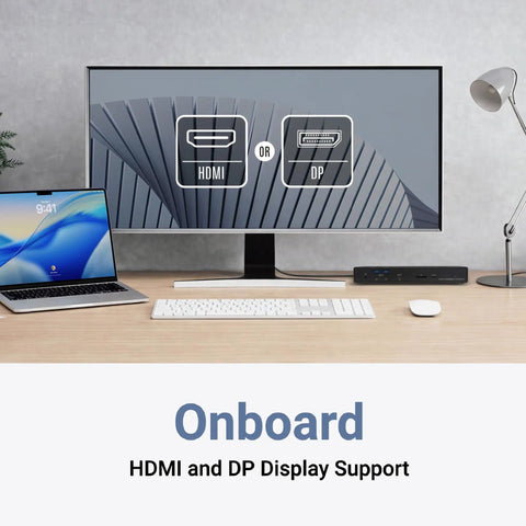 Thunderbolt 5 Dock With M.2 NVMe SSD Expansion And 10Gb Ethernet For Mac And Windows Creators showing HDMI and DP display options.