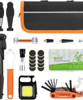 All In One Bike Repair Kit With Pump And LED Light, 16 In 1 Portable Tool Bag, 120 PSI, Glueless Patches, Multi Tool For Road, Mountain, Gravel And E Bikes showing tools and carrying case