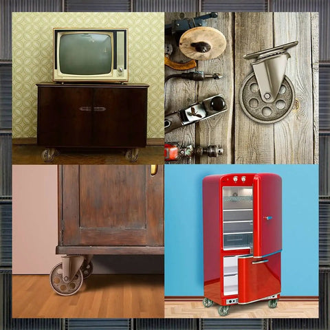 4 Pack Heavy Duty All Steel Swivel Caster Wheels Built Tough With Rock Solid High Gauge Construction And 3.5 Inch Diameter Gray Finish Hella Durable 350 Lbs Load Capacity under a retro TV and fridge.