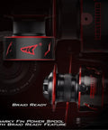 Beast Mode Baitfeeder III Spinning Fishing Reel Size 6000 front angle and side view with braid ready spool feature.