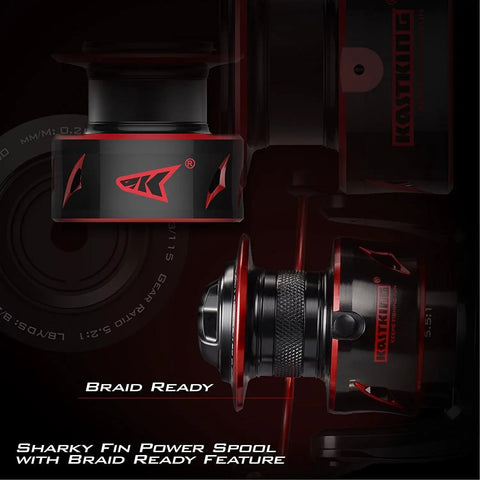 Beast Mode Baitfeeder III Spinning Fishing Reel Size 6000 front angle and side view with braid ready spool feature.