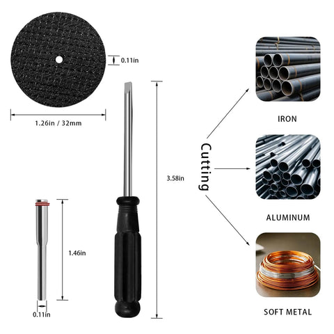 66 Piece All In One Rotary Tool Accessory Kit With Resin Cutting Discs and Screwdriver, showing dimensions and cutting materials.