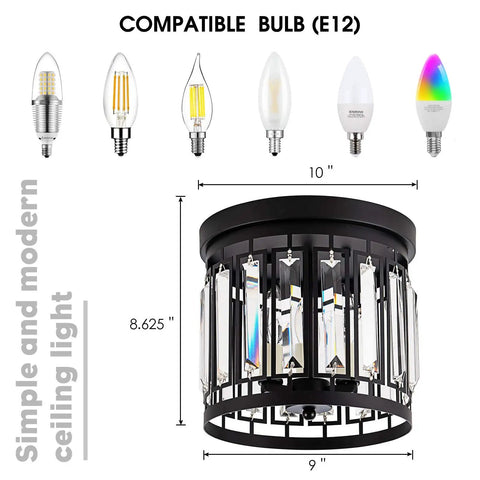 Elegant Crystal Flush Mount Chandelier With K9 Crystal, 3 Light Modern Close-To-Ceiling Fixture In Black, Ideal For Kitchen Hallway Dining Living Room, E12 Base, Ultra Sleek Glam Lighting, Easy Install