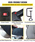 Close-up showing features of 110V Mini Miter Cut Off Chop Saw With Dual Two and Five Sixteenths Inch Blades, including power switch and clamp.