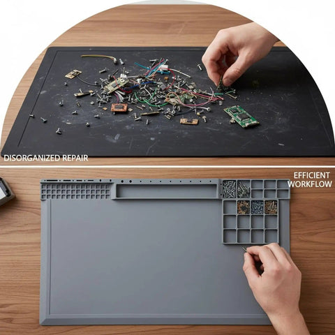 Comparison of Pro Grade Silicone Electronics Repair Mat With Heat Resistant Anti Static Surface for organized and disorganized repair