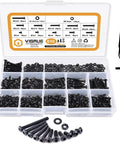 M3 Button Head Socket Cap Screw Set With Nuts And Washers, Alloy Steel, 610Pcs, all sizes organized in a plastic case with tools